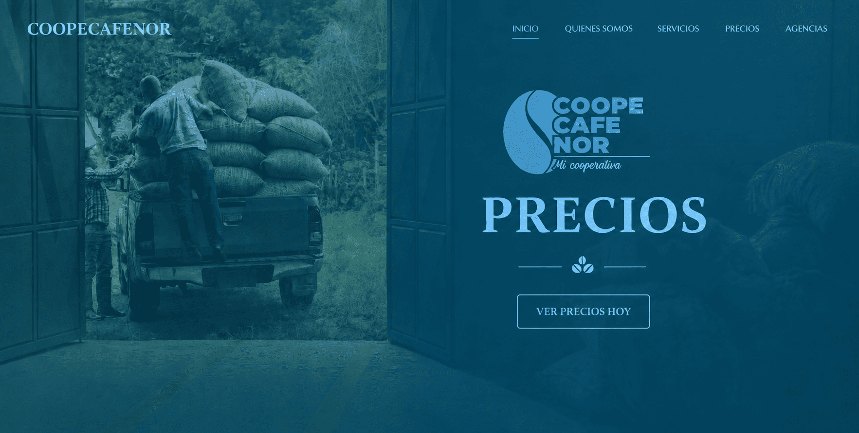 Cabecera del sitio web de Coopecafenor con sacos de café y acceso a los precios del día.