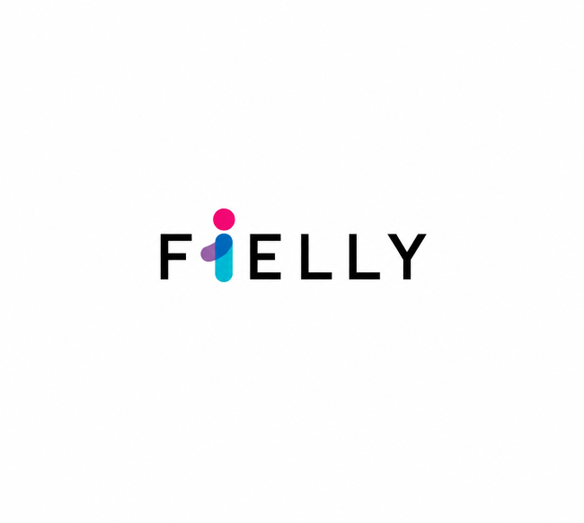 Logotipo de Fielly en negro con símbolo multicolor sobre fondo blanco.