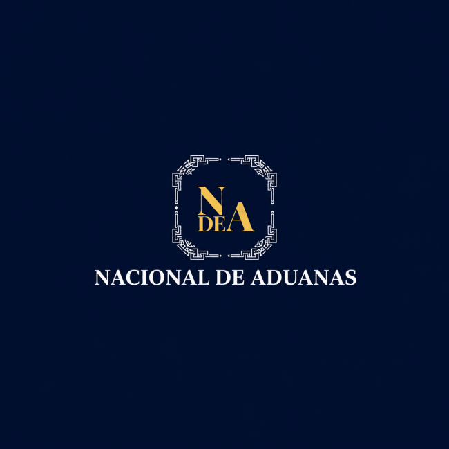 Logotipo de Nacional de Aduanas en blanco y dorado sobre fondo azul oscuro.