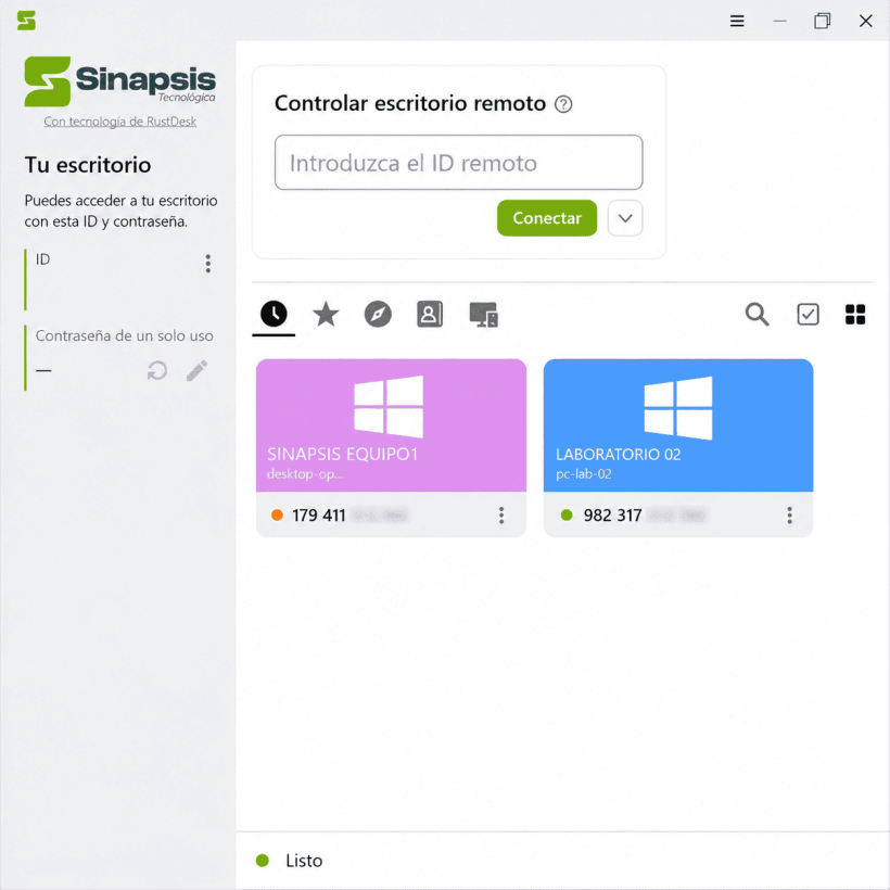 Pantalla inicial de RustDesk de Sinapsis Tecnológica con equipos guardados y campo para conectar a un escritorio remoto.