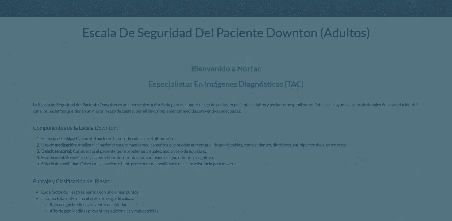 Introducción al formulario Downton de Nortac para evaluar el riesgo de caídas en adultos.