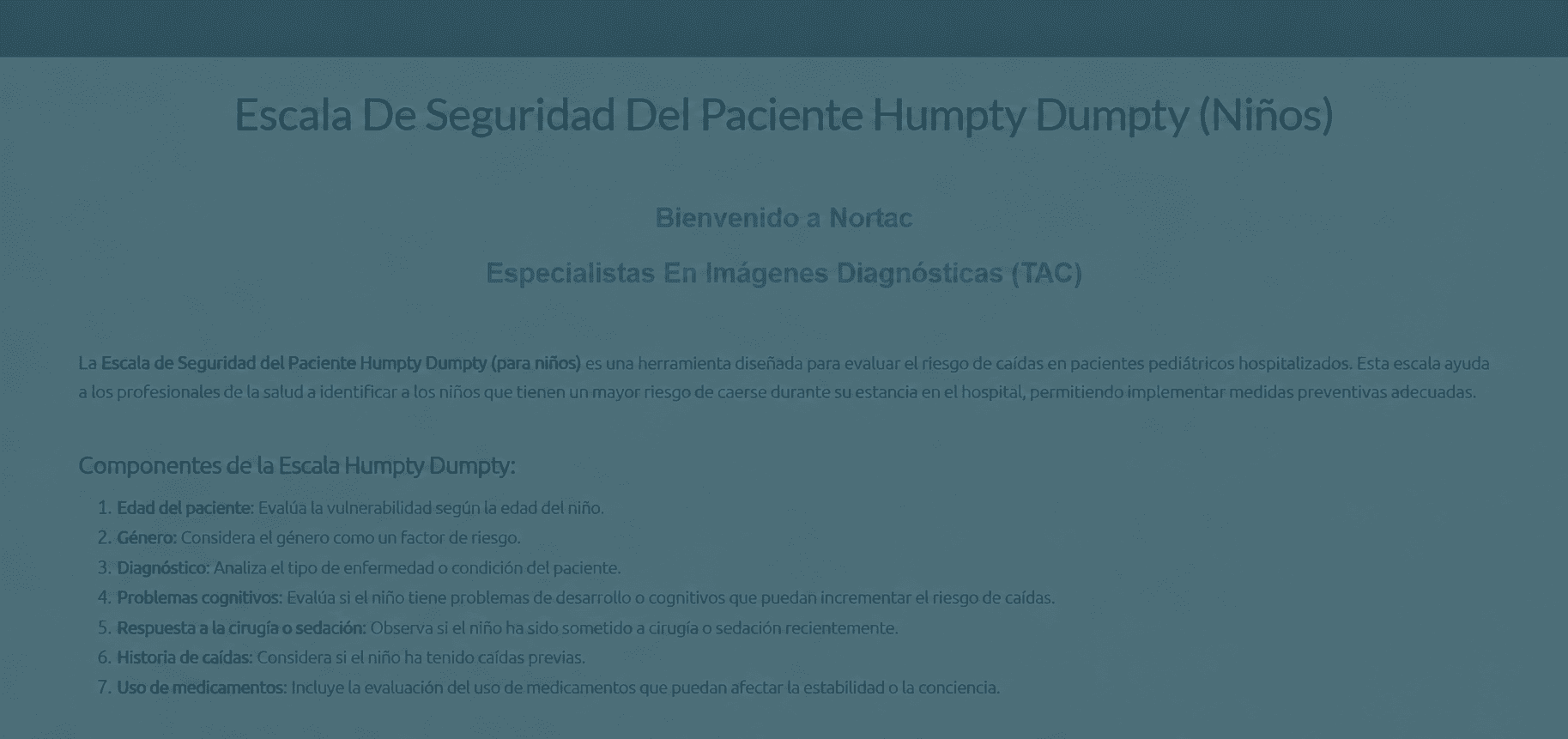 Pantalla de introducción a la escala Humpty Dumpty de Nortac para evaluar el riesgo de caídas en niños.