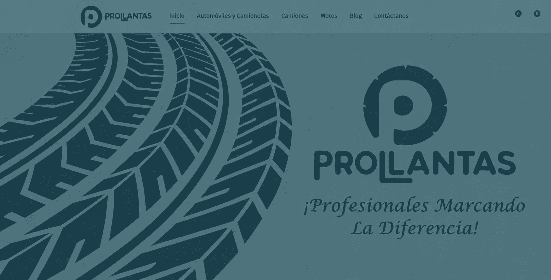 Cabecera de la tienda virtual Prollantas con logotipo y dibujo de la banda de rodamiento de una llanta.