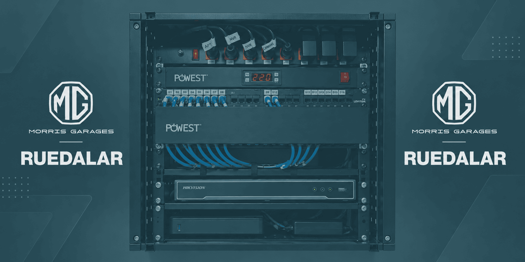 Rack de comunicaciones y equipos de CCTV de Ruedalar con logotipos de MG.
